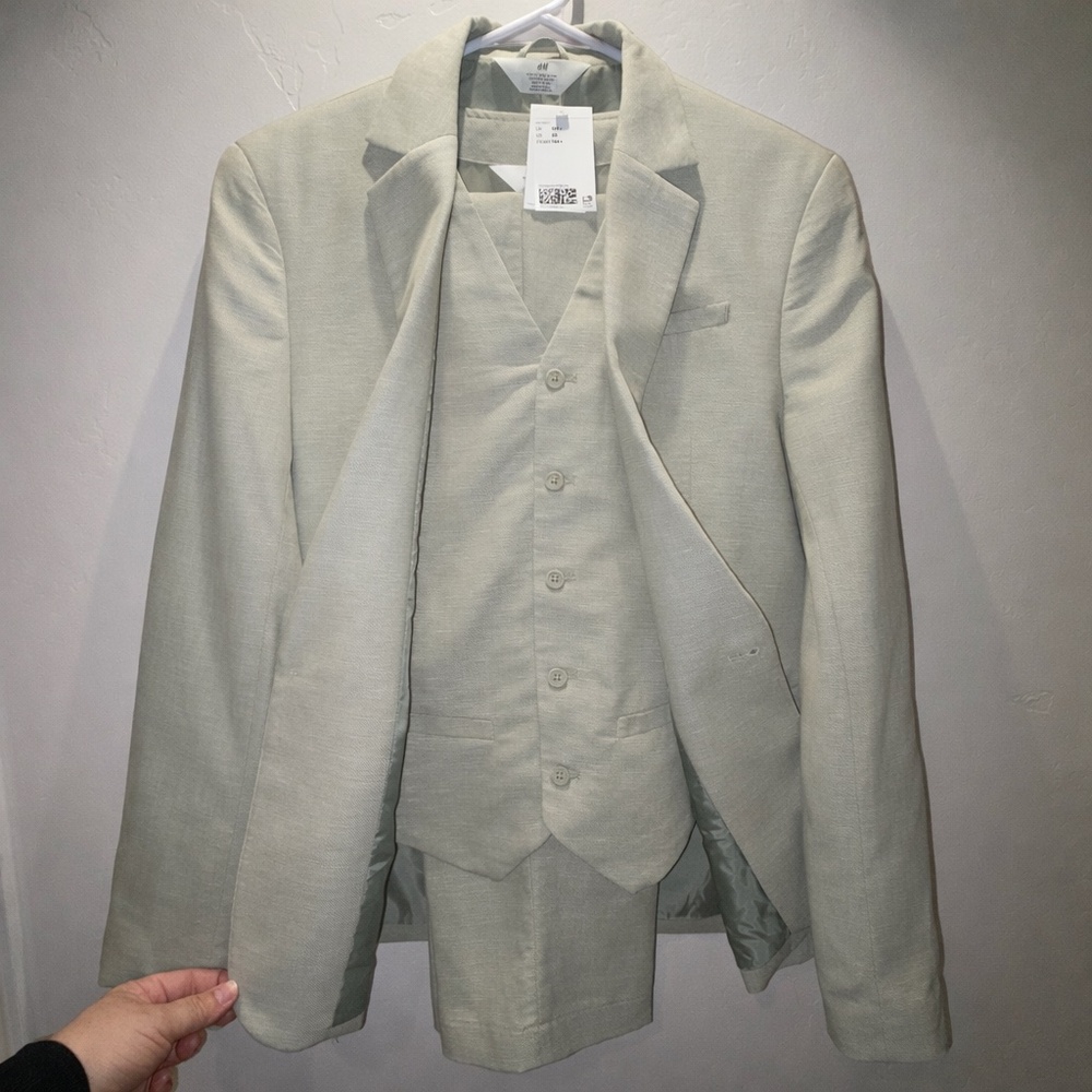 H&M Boys 3-Piece Linen Cotton Blend Suit – Light Sage Green – Size 20
